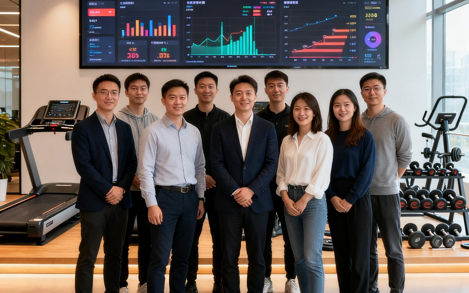 V体育上海浦东总部团队合影，办公场景中数据大屏与健身器材展示区并存