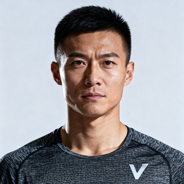 V体育创始人张伟头像照片，前国家二级田径运动员，表情坚定